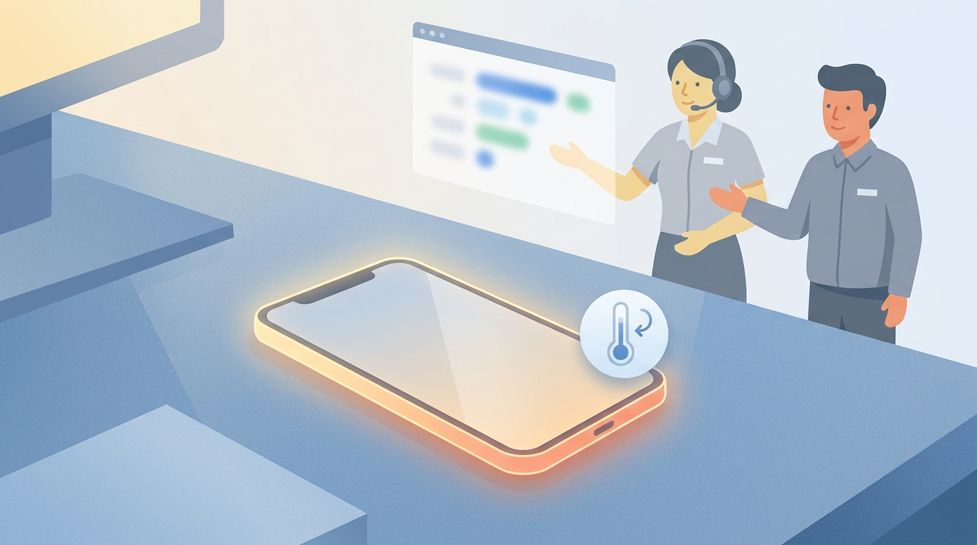 温まったスマートフォンと冷却を示す発熱対処ガイドのサムネイル